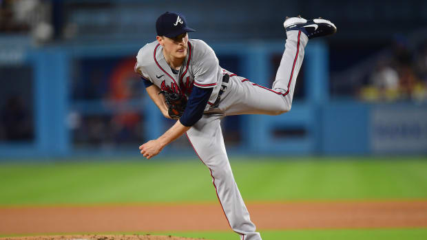 September 1, 2023; Los Angeles, California, USA; Atlanta Braves starting pitcher Max Fried (54) throws against the Los Angeles Dodgers during the fourth inning at Dodger Stadium.